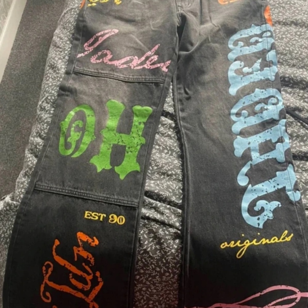 Jaded London Black Straight Leg Jeans with Multicolor Graphics